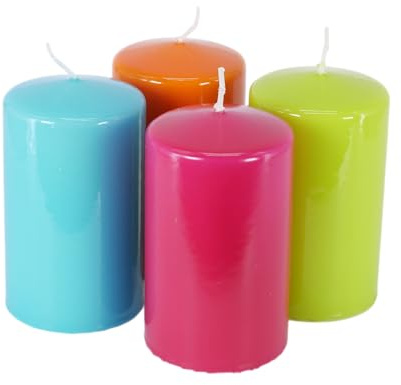 4er-Set - Selbstlöschende Stumpenkerzen - Glanzlack-Optik in Pastell oder Bunt (Türkis, Safran, Fuchsia und Limone, ⌀ 6 cm - H: 10 cm)