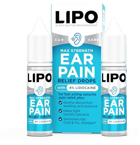 Lipo-Flavonoid Fast-Acting Ear Ache Drops - 4% Lidocaine Max-Strength for Swimmer's Ear, Cold/Flu, Allergies - Safe for Adults & Children - For Discomfort, Swelling, & Water-Clogged Ears - (Pack of 2)