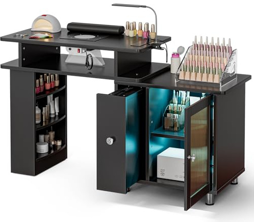 Paddie Manicure Table Nail Desk with LED Lamp & Light, Glass Cabinet Door Nail Table Station w/Dust Collector, Charging Station, Removable Acrylic Container, Cabinet and Drawer(Black-New)