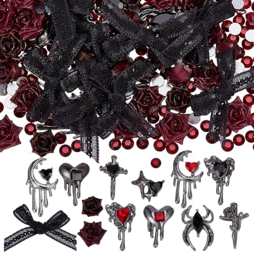 SOFPLATE 70 Stück Nagel Charms Gothic Metall Nagel Charms 3D Nagelkunst Dekor Kreuz Mond Stern Herz Spinne Edelsteine Kunstharz Blumenn Samtschleifen Flache Rückseite Strasssteine Zubehör Für Frauen