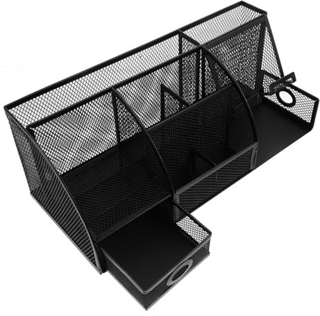DEARMAMY Schreibtisch Organizer für Bürobedarf in Schwarz aus Eisen | Stiftehalter, Moderne Schmale Form, Vielseitige Ablage für Make Up und Schreibwaren, Platzsparend
