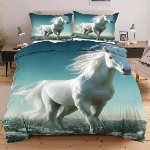 Fotmung Housse de Couette 240x260 cm Animal Cheval, Ensemble de Linge de Lit 3 Pièces, Résistant à l'usure et avec Sangles aux 4 Coins pour Fixer la Couette, Évite Le Glissement W76