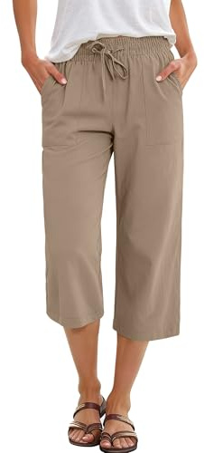 ANRABESS Capris Pants for Women Summer Casual Loose Drawstring Elastic High Waist Straight Lounge Beach Cropped Trousers Large Khaki