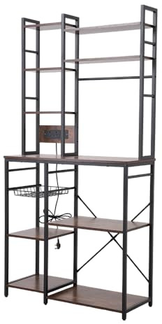 Warmiehomy Kitchen Bakers Rack Storage with Power Outlet 7 Tier Industrial Kitchen Storage Microwave Stand Coffee Station Cabinet Bakers Rack for Coffee Pots and Pans 91.5x 37x183cm（Rustic Brown）