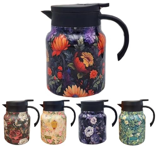 Thermal Coffee Carafe – 1000ml Stainless Steel Floral Tea Kettle with PP Handle | Red, Green, Violet, Pink, Orange Colors, Cute Tea Infuser Kettle for Hot Liquids