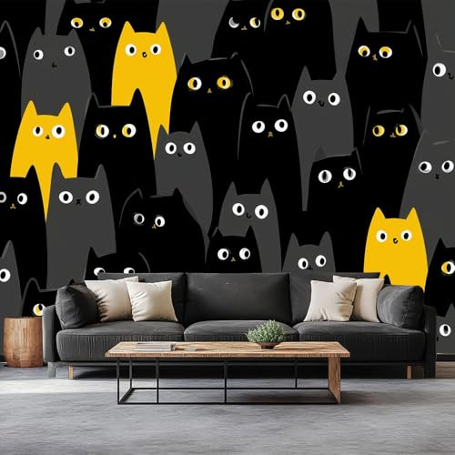 Gris Oscuro Fondo de Pantalla Panorámica 3d, Dibujos Animados Lindo Animales Gato Fotomurales Mural 200 x 140 cm (An x Al) – Decoración de Pared Para Sala Cuarto Oficina y Salón