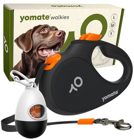YOMATE Automatische Hundeleine 5m für Große Hunde bis 50kg – Extra Starke Rollleine mit Brems- & Stoppfunktion, Verhedderungsfreie Nylonleine, Ergonomischer Gummigriff, Schwarz