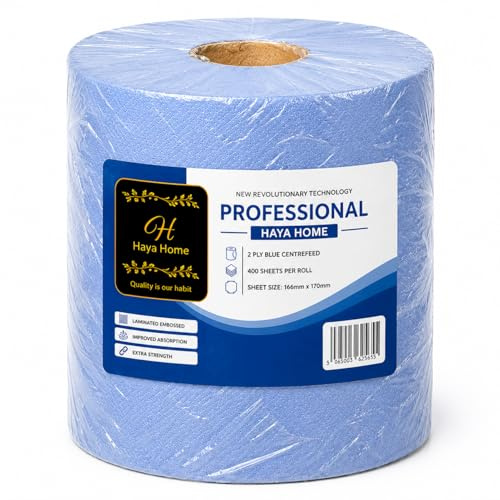 H HAYA HOME Blue Roll 2 Ply Centre Feed Paper Towels Tissue Paper Strong Absorbent Cleaning Wipes for Restaurant Takeaway Home Kitchen Bathroom Industrial Workshop Use Pack of 1 Roll 400 Sheets