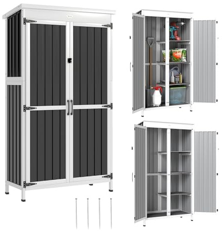 Outsunny Armoire de Jardin en Bois Acier Galvanisé Portes Doubles Noir | Fermeture Métallique, 3 Étagères Amovibles, Toit en Asphalte Imperméable, Base Élevée