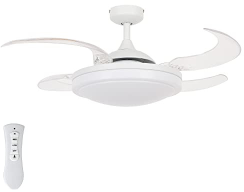 FANAWAY Evora 2 en 1 Ventilateur de plafond et plafonnier - Design élégant avec ailes en polycarbonate - Mécanisme de marche et de sortie breveté , Acier Polycarbonate, blanc/transparent 51.5W 230V