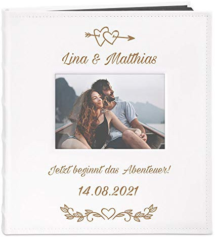 Maverton Fotoalbum zum Selbstgestalten mit Bildausschnitt & Gravur zum Jubiläum - Fotobuch zum Einkleben - 240 Fotos im Format 10x15-60 schwarze Seiten - Größe 33x30cm - Weiß - Hochzeitsgeschenk