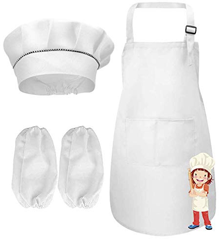 Kinder Schürze Kochmütze und Ärmel Set, Verstellbare Weiß Kinderschürze Mädchen/Jungen mit Taschen, Ideal Kinderschürzen Kochschürze Kochmütze Kostüm für Küche Kochen Backen Malerei (4-13 Jahre)