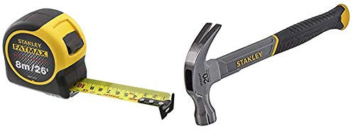 STANLEY FATMAX Tape Measure Blade Armor 8 M Metric and 26 FT Imperial Shock Resistant with Mylar Coating and Cushion Grip 0-33-726 & STANLEY STHT0-51310 20oz Fiberglass Curved Claw Hammer, 570g
