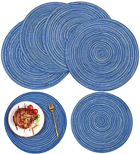 Juego de 6 Manteles Individuales Redondos de Algodón, Antideslizante Lavable Place Mat Mantel Redondo Alfombrillas de Comedor, Azul