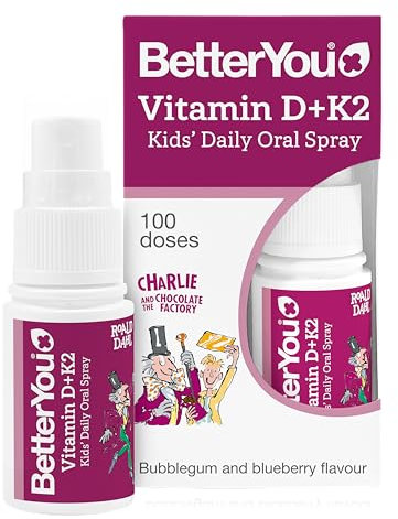 BetterYou Vitamin D3 + K2 Kids Oral Spray, Fast Acting Vitamin D 800 IU + Vitamin K2 (MK-7), Supports Growing Bones and a Healthy Immune System, 100 Sprays, Sugar Free Blueberry and Bubblegum Flavour