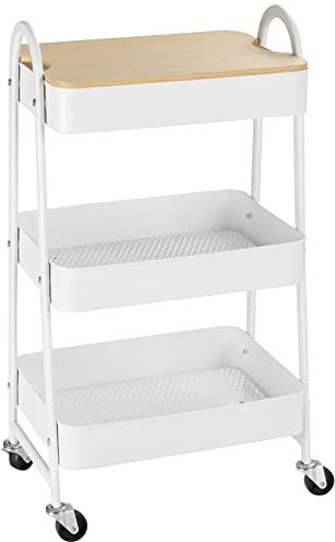 HOMCOM Servierwagen mit 3 Ebenen Küchenwagen mit Rollen Griff Küchenregal mit Korb und Deckel Rollwagen Allzweckwagen für Küche Büro Badezimmer, Weiß