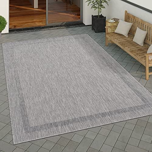 Paco Home Outdoor Teppich wetterfest & pflegeleicht Flachgewebe in Sisal-Optik mit Bordüre UV-beständig Modern für Balkon, Terrasse, Garten, Wohnzimmer, Grösse:120x160 cm, Farbe:Grau 2