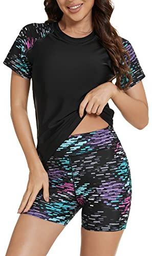 Bonneuitbebe Women's 2 Piece Rash Guard Short Sleeve UPF 50+ Swim Shirt Built in Bra Bathing Suit Set with Boy Shorts