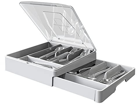 WURDON Double Layer Flatware Organizer with Lid, Cutlery Tray for Countertop Silverware Tray for Kitchen Drawers with 2 Tier Utensil Holder and 9 Compartments Silverware Storage Bin (White)