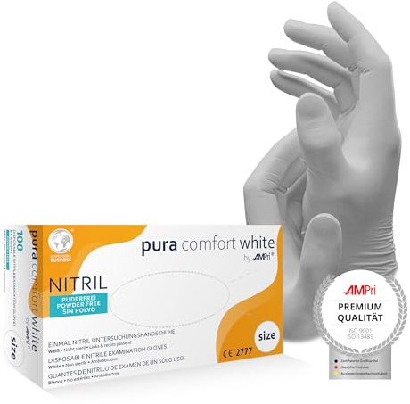 AMPRI Nitrilhandschuhe, weiß, 100 Stück/Box, Größe XS, puderfrei, Puracomfort white: Nitril Einmalhandschuhe, Einweghandschuhe in den Größen XS, S, M, L, XL