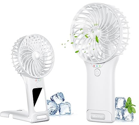 Handventilator, USB Wiederaufladbarer Tragbarer Mini Ventilator , Persönlicher Kleiner Leiser Handventilator 4 Geschwindigkeiten mit Spiegel, 2000mAh Akku Tischventilator für Büro Zuhause Reisen