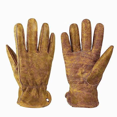 OLSON DEEPAK Mens Cowhide Leather Work Gloves Large,Oiled Leather Gardening Gloves Womens,Utility Safety Working Gloves for Campinging/Welding/Driving/BBQ/Bushcraft,Retro Motorbike