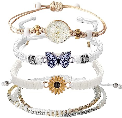 DS 4PCS String Bracelets for Teen Girls Handmade Sunflower Butterfly Eternal flowers Braided Rope Charms Boho Surfer Friendship Bracelet for Women Adjustable beaded bracelet birthday Gift For Friends