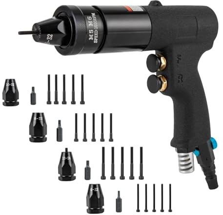 Pneumatic Rivet Nut Gun with 4 Quick-change Locking Head Gun 10-24, 10-32, 8-32, 6-32, Adjustable Speed Pull Rivnut Tool for Aluminum and Iron Rivets