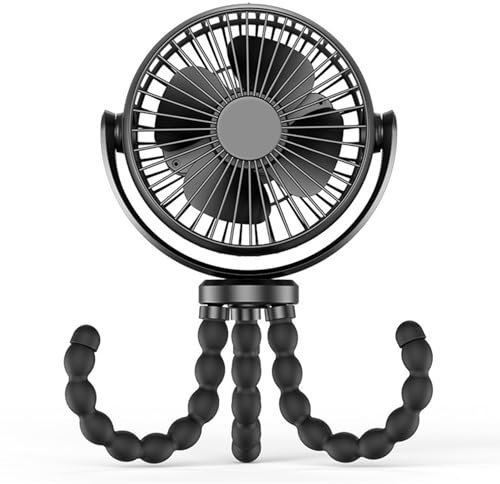 Ventilador de refrigeración para cochecito de bebé, 360 grados manual a pilas, trípode flexible con clip giratorio para viajes, cinta de correr y carrito de golf color negro