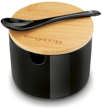 Tadar Zuckerdose mit Löffel Keramik 350 ml Salzbehälter Mit Deckel holz und Löffel Keramischer Küchenbehälter für Gewürze Schwarzer Pfeffer