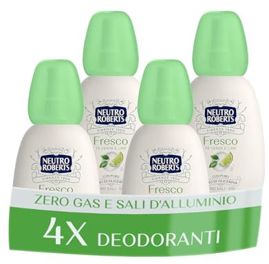 Neutro Roberts, Deodorante Vapo Fresco Verde, Té Verde e Lime, Zero Sali di Alluminio, Con Puro Olio di Glicerina, Deodorante Uomo e Donna, Plastica 100% riciclata, Zero gas, 48h - 4 Pezzi da 75 ml