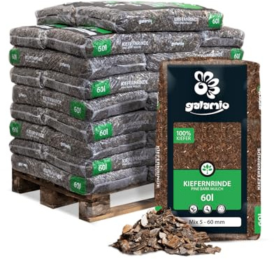 GALAMIO Kiefernrinde Kiefernmulch Rindenmulch Rinde Mulch Garten Dekor Pinus Sylvestris Natur Wald Kiefer Deko 5-60mm 60l x 26 Sack 1.560l / 1 Palette