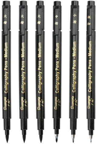 Aublinto Lot de 6 stylos de calligraphie à séchage rapide avec 4 tailles de feutres à pointe pinceau noir pour lettrage débutant Bullet Journal