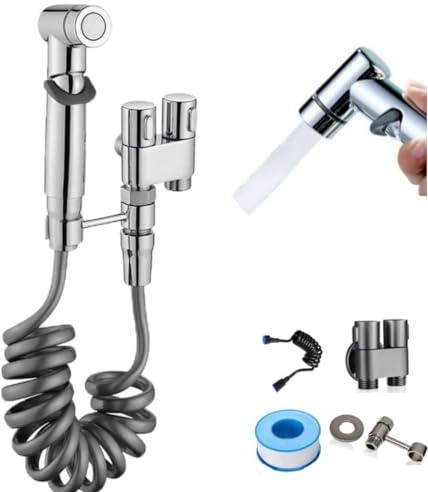 Bathroom Fresh Wall Mounted Faucet Spray Set, Toilet Faucet Sprayer Kit, Langgi Toilet Companion Langgi Toilet Faucet, Handheld Bidet Sprayer for Toilet, 1-In-2-Out Dual Control Valve (Silver)