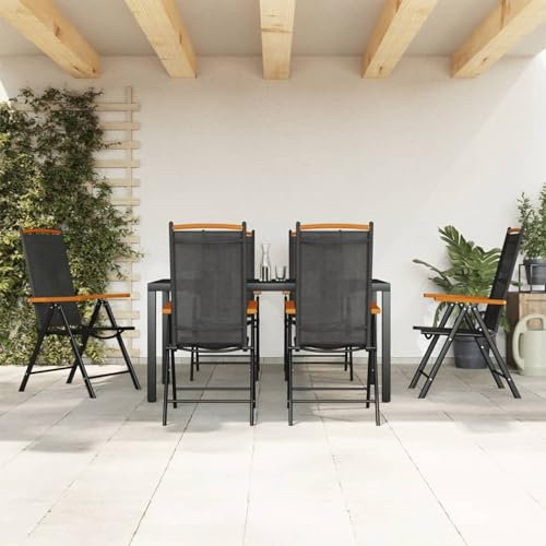 Homgoday 7-TLG. Garten Essgruppe Gartentisch mit Stühle Sitzgruppe Gartenstühle Gartenmöbel Set Garrten Esstisch Sitzgarnitur Gartengarnitur Balkonmöbel Schwarz Aluminium