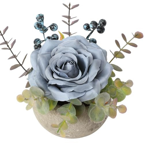 JUSTOYOU künstliche Rose Blume mit Topf, Kombination aus gefälschter Seidenrose und Grün, kleine künstliche Pflanze mit Eukalyptusblättern für Schlafzimmer Bücherregal Dekorationen (1, Blaue Rose)