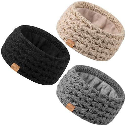 MUTKIS Winter Headbands for Women 3 Pack, Ear Warmers for Women Knit Thick Fleece Lined, Ear Muffs for Cold Weather Stocking Stuffs(Black&Beige&Dark Gray)