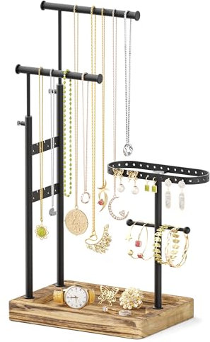 Alsonerbay Schmuckständer Schmuckhalter Kettenständer Schmuck Holz, drehbare Ohrringständer Schmuck Aufbewahrung Schmuckaufbewahrung für Ketten Ohrringen Ringen Uhren Armbändern Schwarz