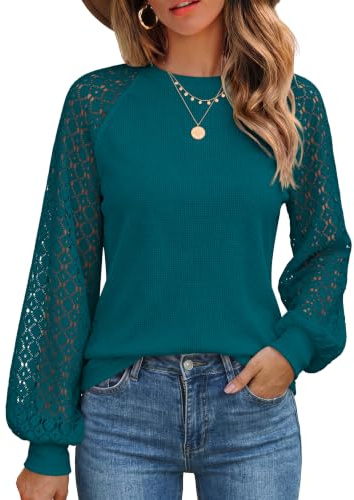 Zeagoo Camicia Donna Elegante Manica Lunga Girocollo in Pizzo Blusa | Tinta Unita |Casual Autunno Camicetta