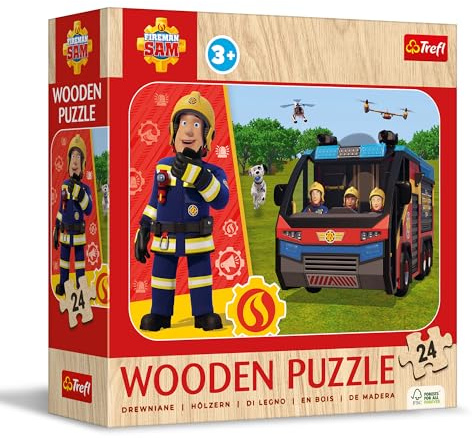 Trefl - Holzpuzzle: Fireman Sam, Der Unglaubliche Feuermann | 24 Elemente, Puzzle Wooden Puzzle, Dekoratives Muster auf der Rückseite, für Kinder ab 3 Jahren