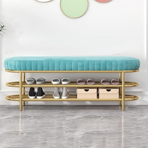 Moderne Samt-Schuhbank mit Doppelablage, Bettbank mit Metallsockel, Eingangsbereich, Schuhregal, Bank für Flur, Wohnzimmer, Schlafzimmer, Blau, 100 cm