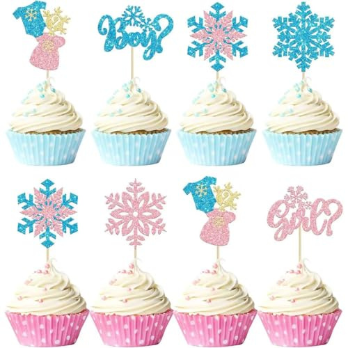 PINEPAN Gender Reveal Party Deko Weihnachtsschneeflocken Junge oder Mädchen Schneeflocken Frozen Cake Cupcake Toppers Glitzer Babyparty Kuchendekoration mit 8 Stilen 24er-Pack