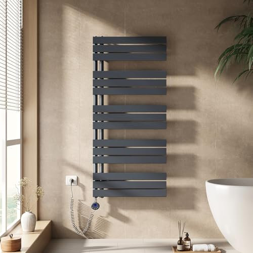 EMKE Handtuchheizkörper Elektrisch mit Thermostat, Badheizkörper Handtuchhalter Elektrisch Handtuchwärmer Handtuchtrockner Handtuchheizung mit Heizstab Anthrazit 1320x600 mm 800W