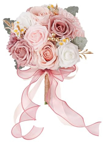 MagiDeal Hochzeitsstrauß für die Braut, Brautstrauß mit Bändern, Elegante künstliche Blumen für Hochzeitsmittelstücke, Partys, Brautpartys, Rosa Weiß