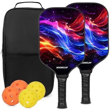 BOOMCLAP Pickleball-Paddel 2er-Set – Fiberglas-Oberfläche, komplett mit 2 Schlägern, 4 Bällen und tragbarer Tragetasche – ideal für Männer und Frauen