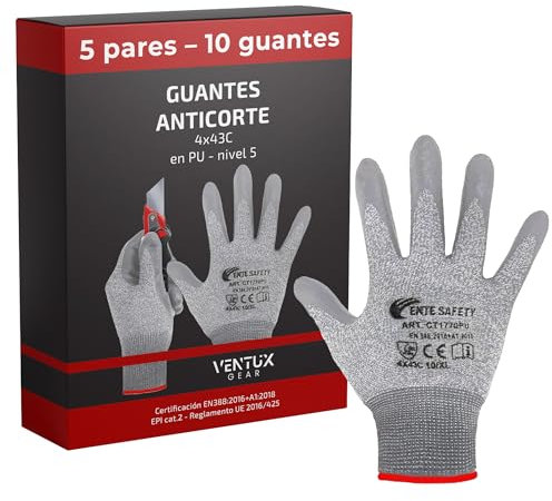VENTUX GEAR 5 pares (Talla L) || Guantes anticortes 4x43C Protección Nivel 5 || Certificación EN388 || Guantes de trabajo || Resistentes y versátiles || ideales para trabajos de jardinería-cocina-DIY