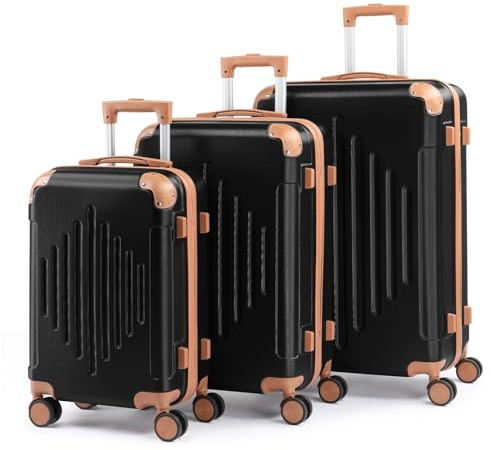 LEADZM Kofferset 3 teilig, Reisekoffer Set mit Eckenschutz, Koffer Set Hartschalen-Trolley aus ABS mit Teleskopgriff, Handgepäck, Kontrastfarben-Design (Schwarz)