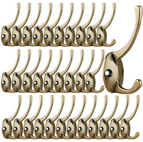 IBosins 32 Pack Antique Brass Coat Hooks Wall Mounted with 64 Screws Retro Double Hooks Utility Hooks for Coat, Scarf, Bag, Towel, Key, Cap, Cup, Hat