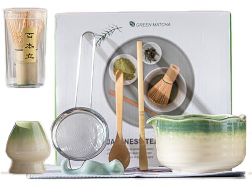 GHYXFDAI 8 Pcs Matcha Set, Matcha Tea Set with Matcha Whisk, Matcha Whisk Holder, Matcha Bowl, Strainer, Two Bamboo Scoop, Scoop Holder, Tea Cloth, Gift for Matcha Lover, Japanese Matcha Kit