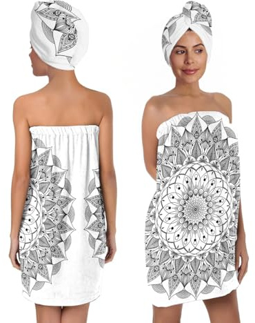 EENSYWEENSY Mandala Microfiber Bath Wrap Set with Hair Towel, Mandala Floral Black and White Design, 31.5x59 inches